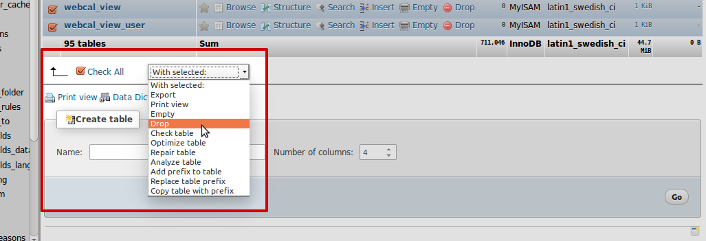 Selecting and removing tables ('drop')